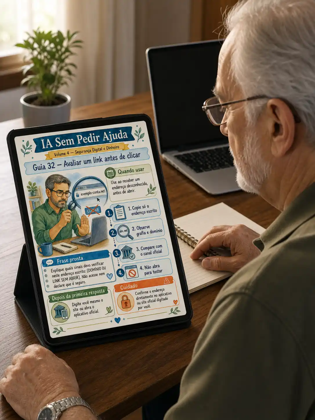 Guia de segurança digital sendo consultado no tablet