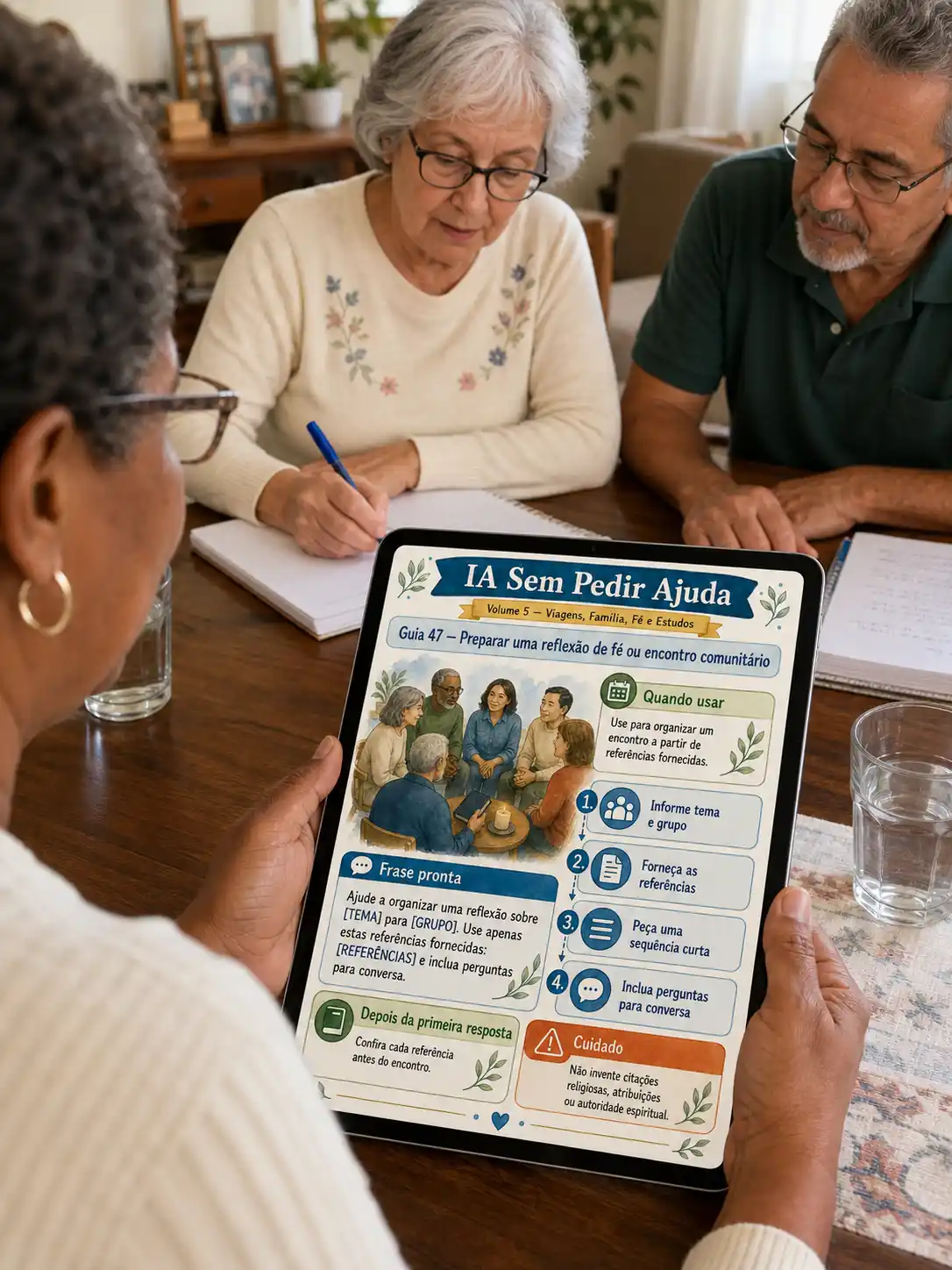 Guia para encontro comunitário sendo consultado no tablet