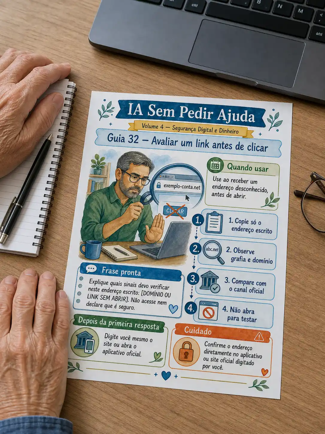 Guia de segurança digital impresso ao lado do computador